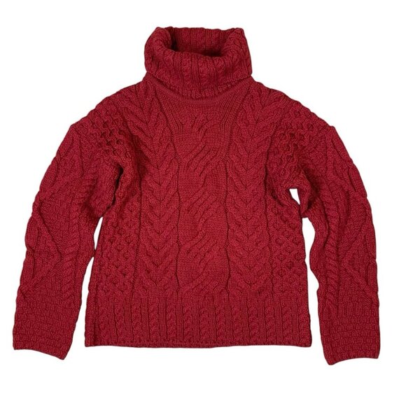 Carraig Donn Cable Knit Wool Turtleneck Sweater Red Merino Wool Small Women’s - Picture 1 of 4